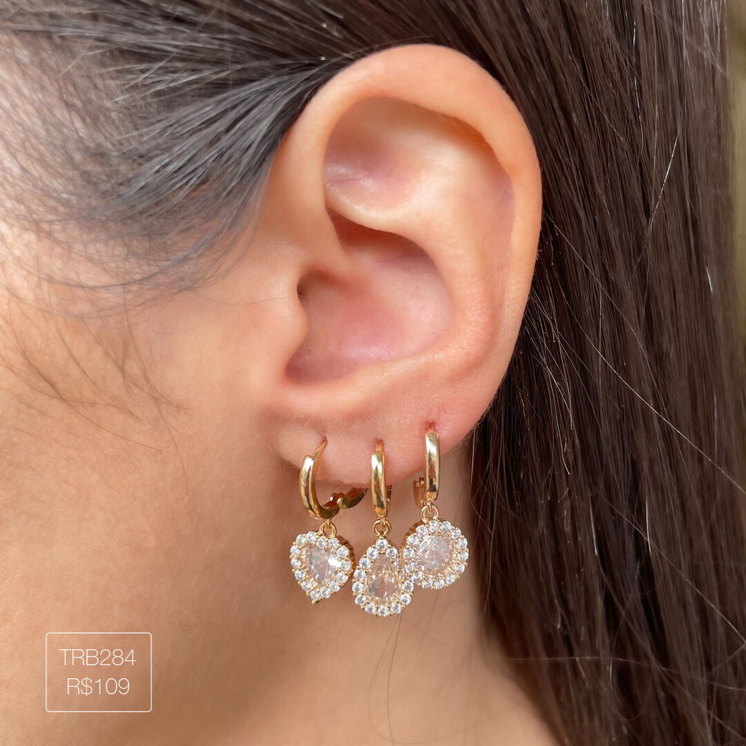 Trio Argola Gota + Coração + Red Cristal Cravejado Cristal Dourado